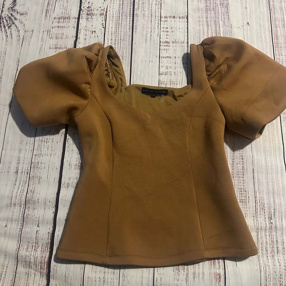 English Factory Scuba Knit Puff Sleeve Y2K v-Neck Neck Top in Tan-S - Picture 6 of 6